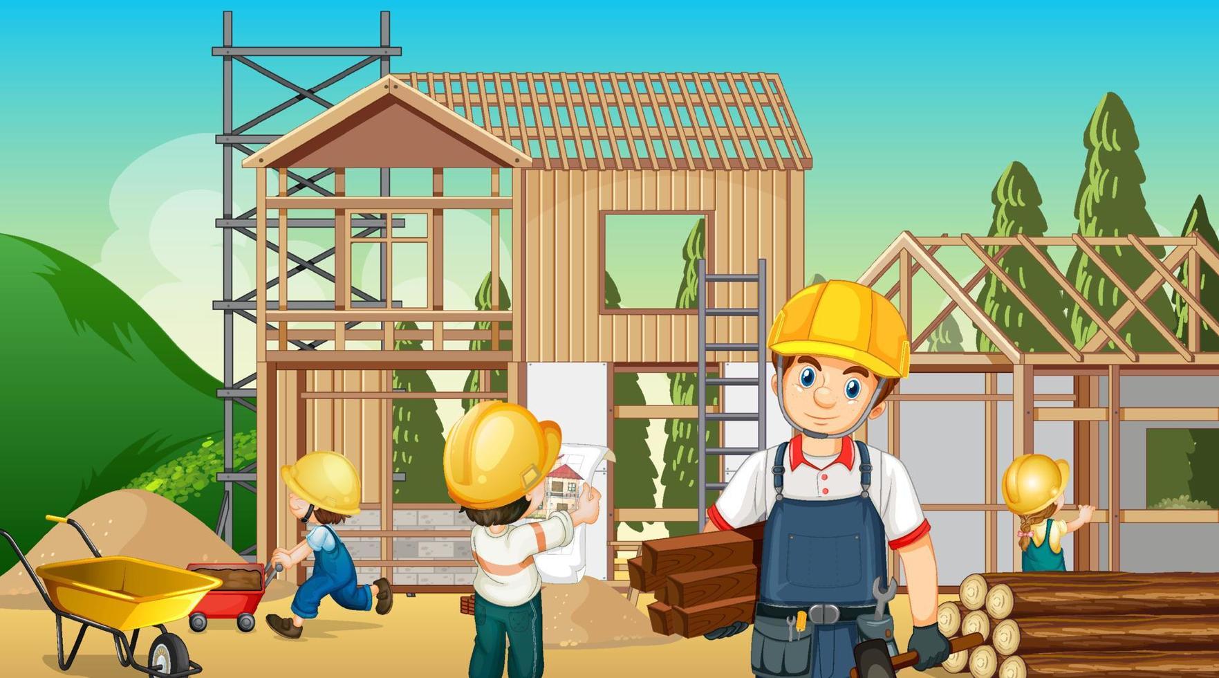 Building house construction site and workers vector