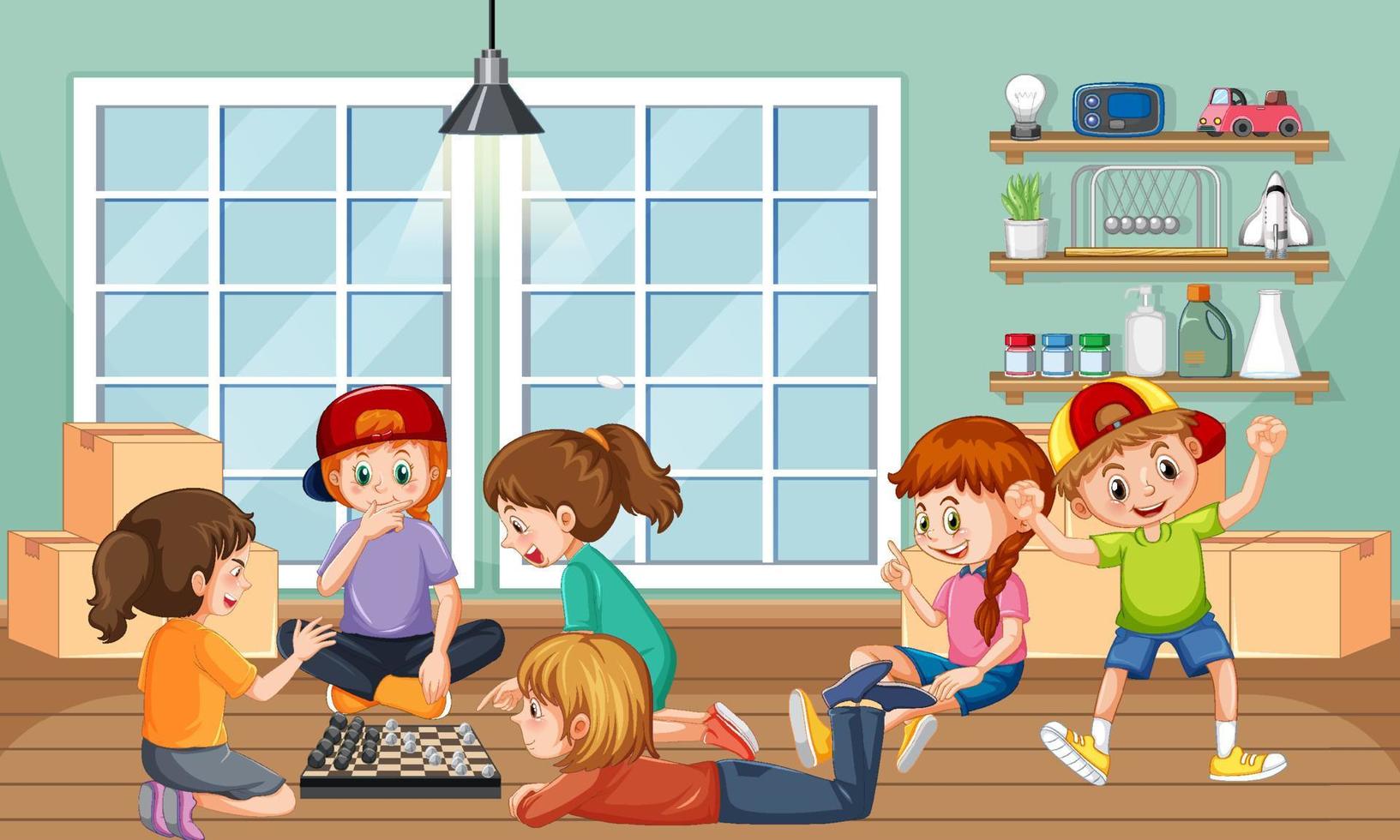 niños jugando juegos en la habitación vector