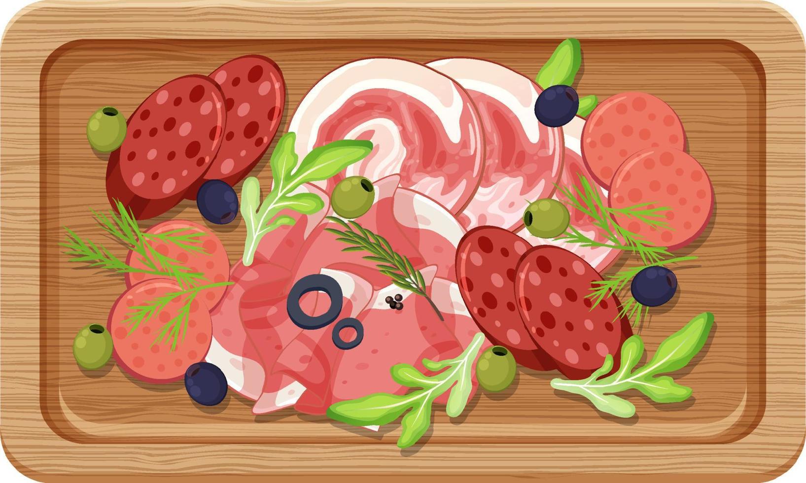 Top view of lunch meat on a wooden tray vector