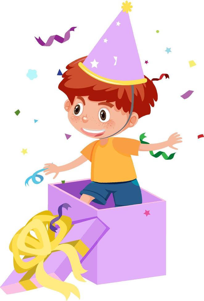 A little boy in the present box on white background vector