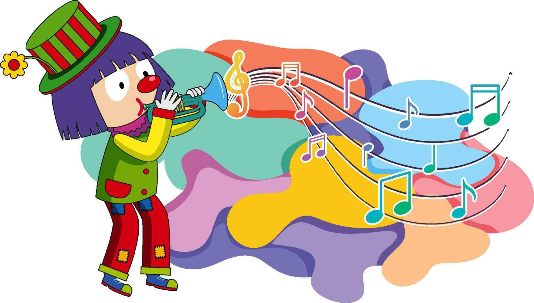 Clown blowing trumpet with music notes on white background vector