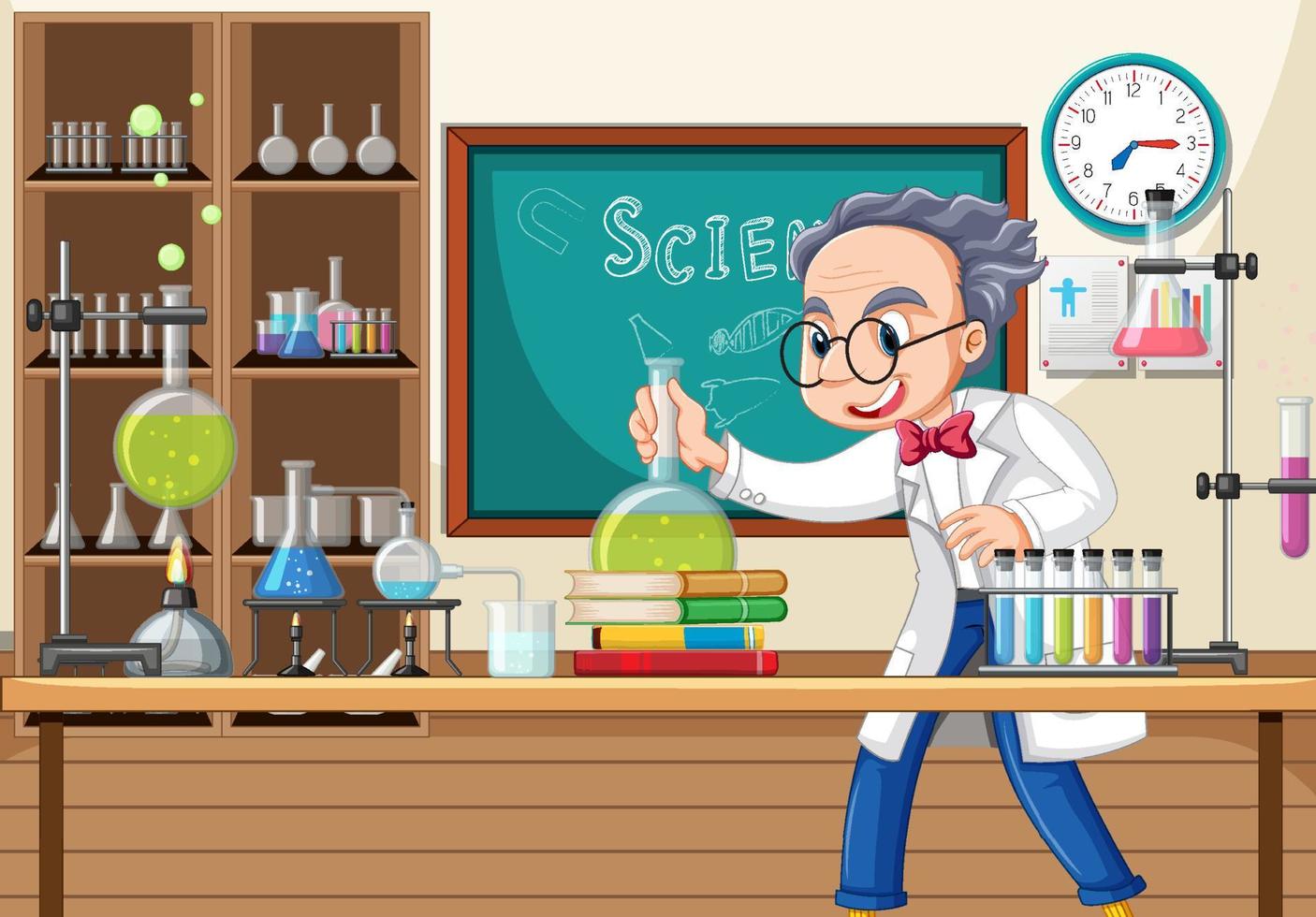 escena de laboratorio con personaje de dibujos animados científico vector