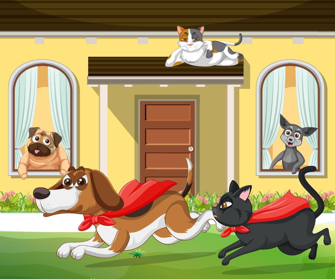 escena al aire libre con gatos y perros de dibujos animados vector
