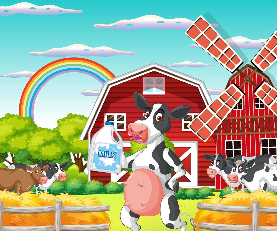 Outdoor cow farm scene with happy animals vector