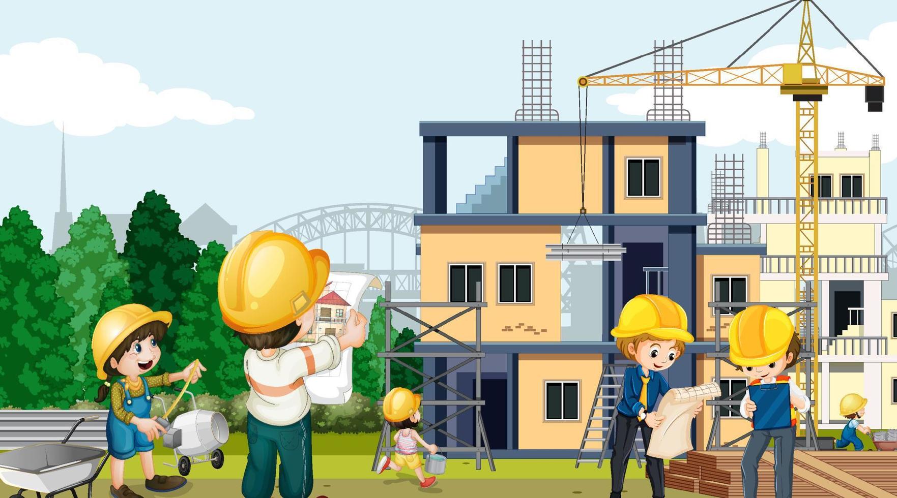 Building house construction site and workers vector