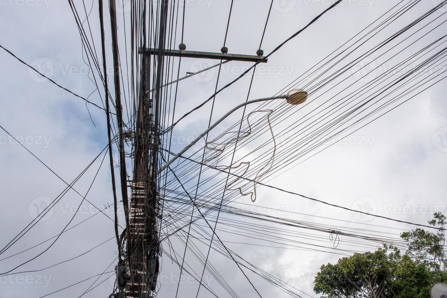 A mess of cable wires stretched along utility poles that are common throughout Brazil and Latin American Countries photo