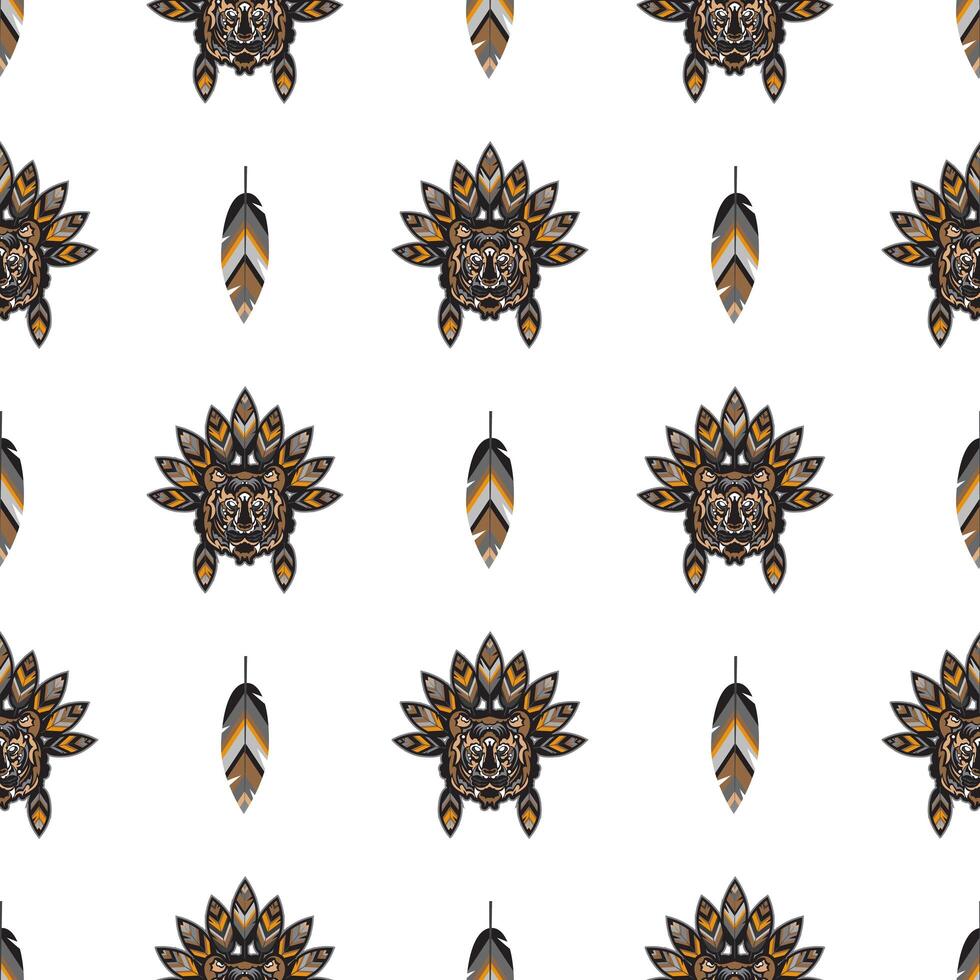 Seamless pattern with tiger head in feathers. For backgrounds, prints and textiles. vector