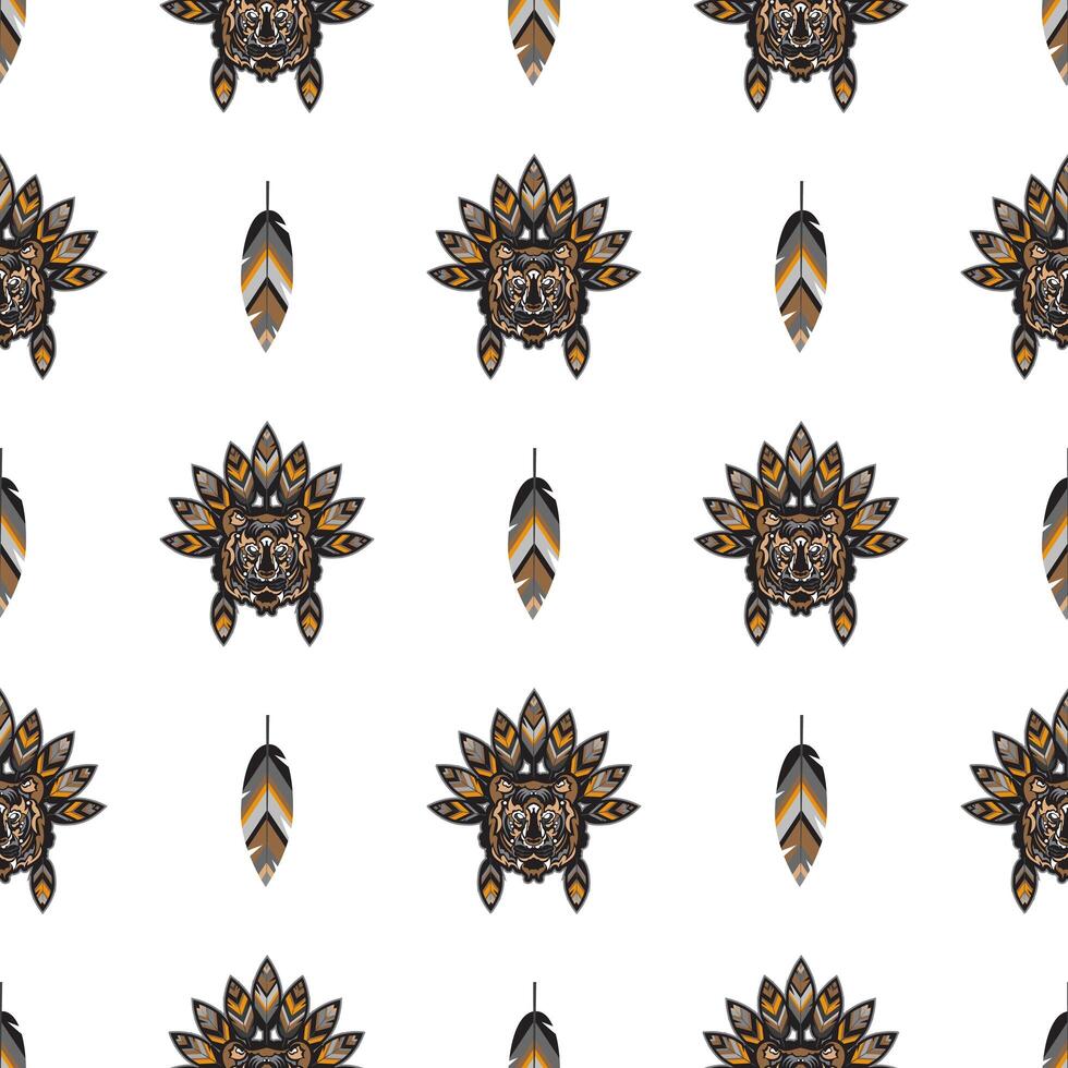 Seamless pattern with tiger head in feathers. For backgrounds, prints and textiles. Vector