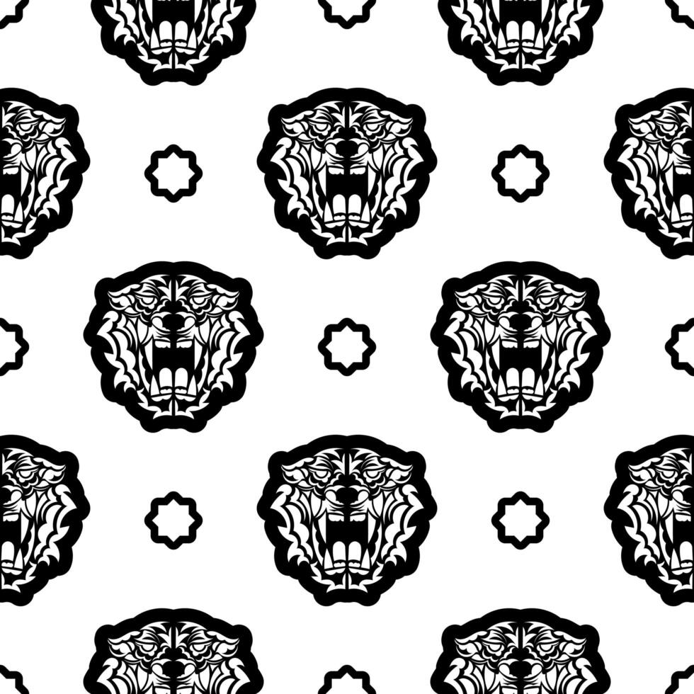 Black and white Seamless pattern with tiger face in Polynesian style. Good for clothing and textiles. Vector illustration.