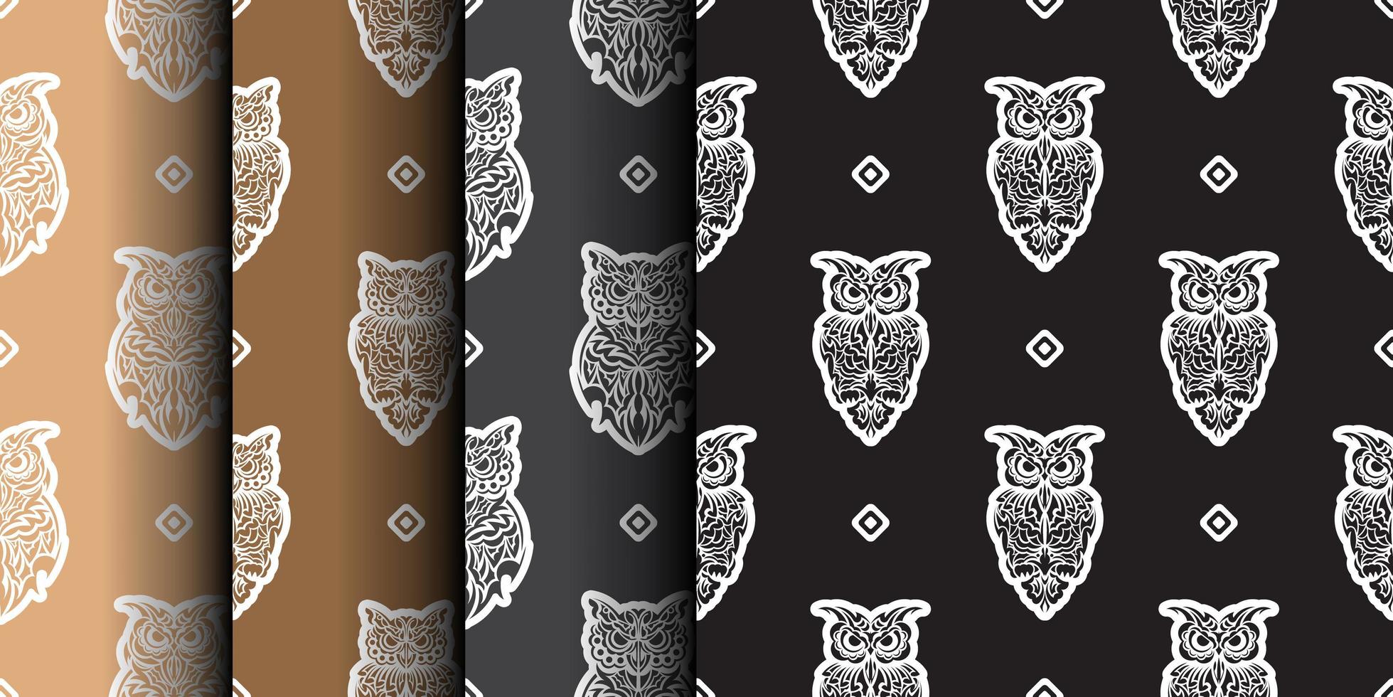 Set of seamless patterns with owls. Exotic bird in boho style. Exclusive style. Vector