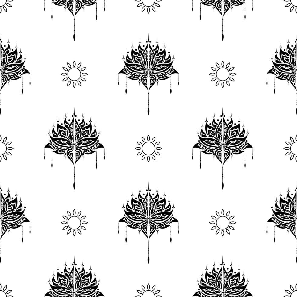Lotus seamless pattern. Black and white. Good for garments, textiles, backgrounds and prints. Vector illustration.