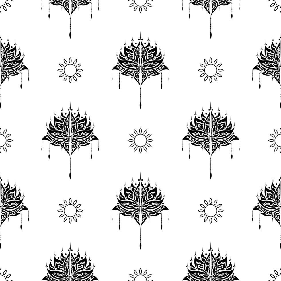 Lotus seamless pattern. Black and white. Good for garments, textiles, backgrounds and prints. Vector illustration.