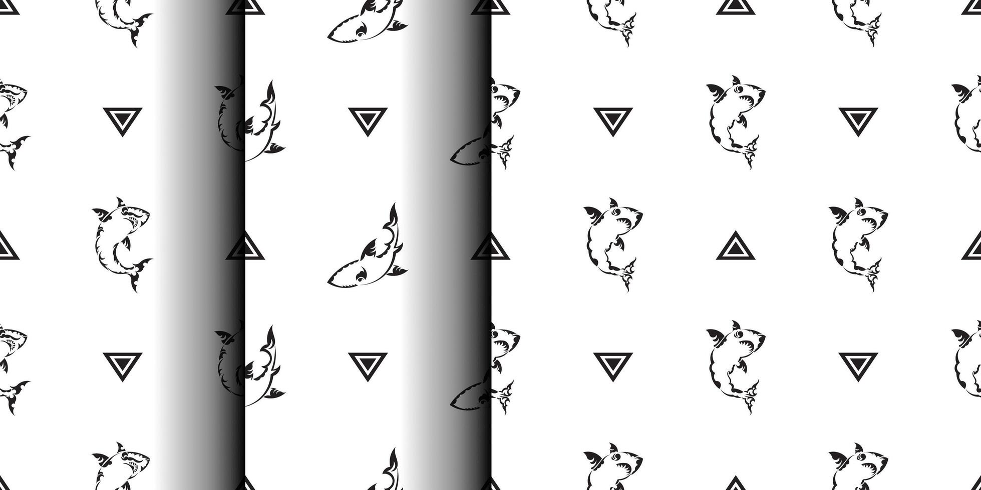 Set of Seamless black and white pattern with sharks. Good for mural wallpaper, fabric, postcards and printing. Vector