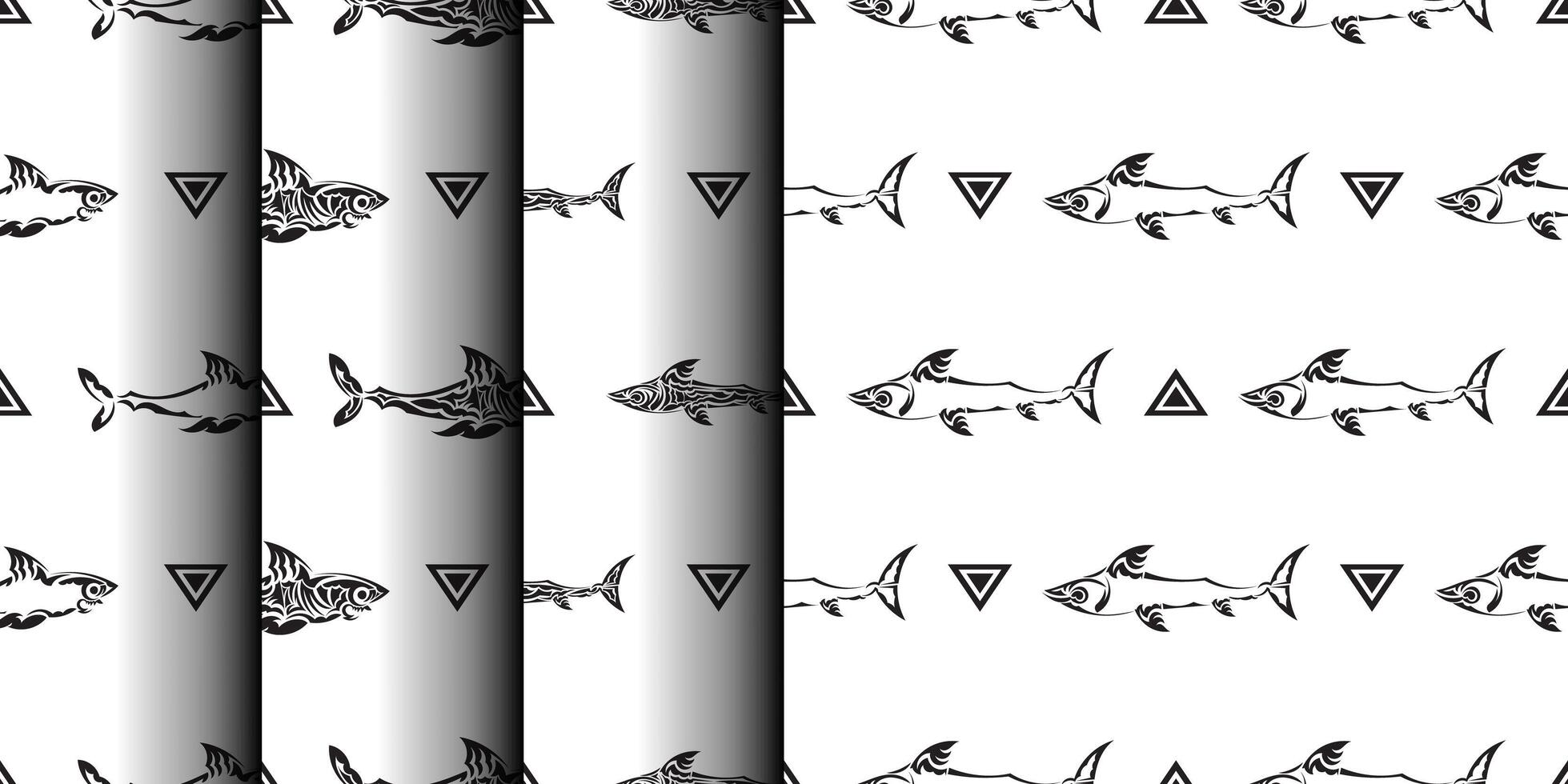 Set of Seamless black and white pattern with sharks. Good for menus, postcards, books, murals and fabrics. Vector