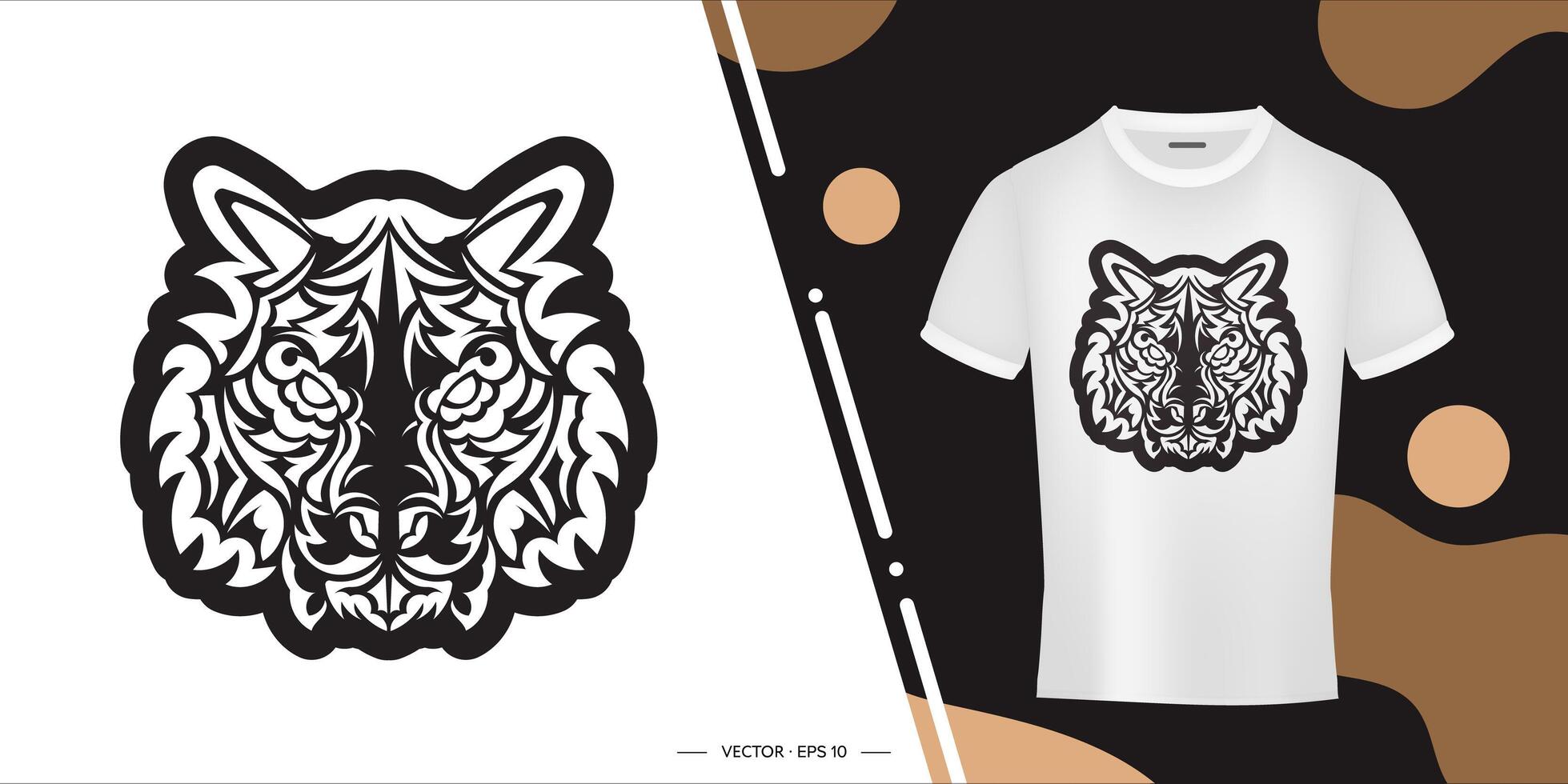 Polynesian style tiger face print. Boho tiger face. Isolated. Vector illustration.