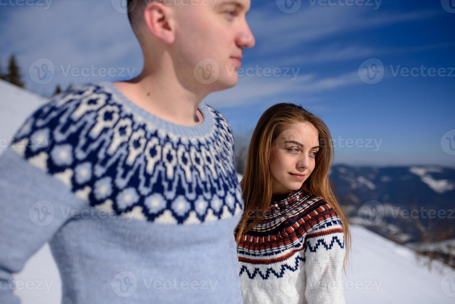 love in winter, silhouette of couple on forest background, double exposure photo
