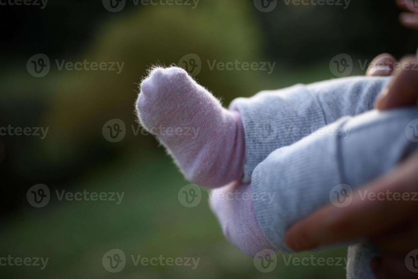 close-up of baby feet in shoes on autumn leaves photo