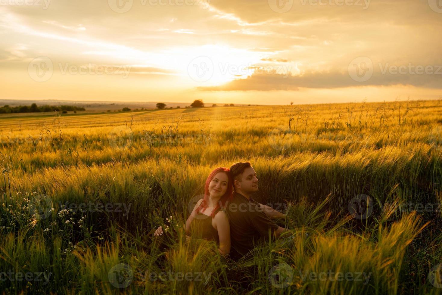 A man and a woman lie on their backs in a wheat field. A man kisses a woman on the cheek. The girl opened her mouth with delight. photo