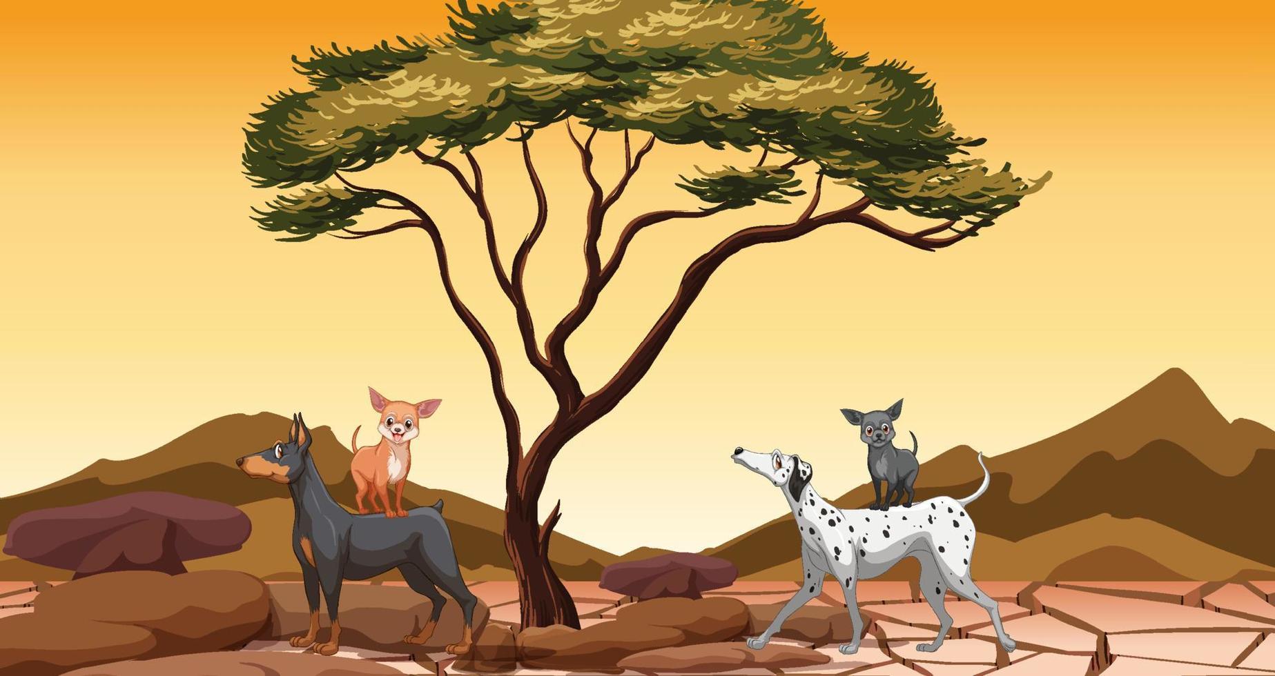 Set of different domestic animals in savanna field at sunset vector