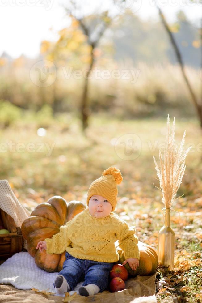 Cute little girl sitting on pumpkin and playing in autumn forest photo