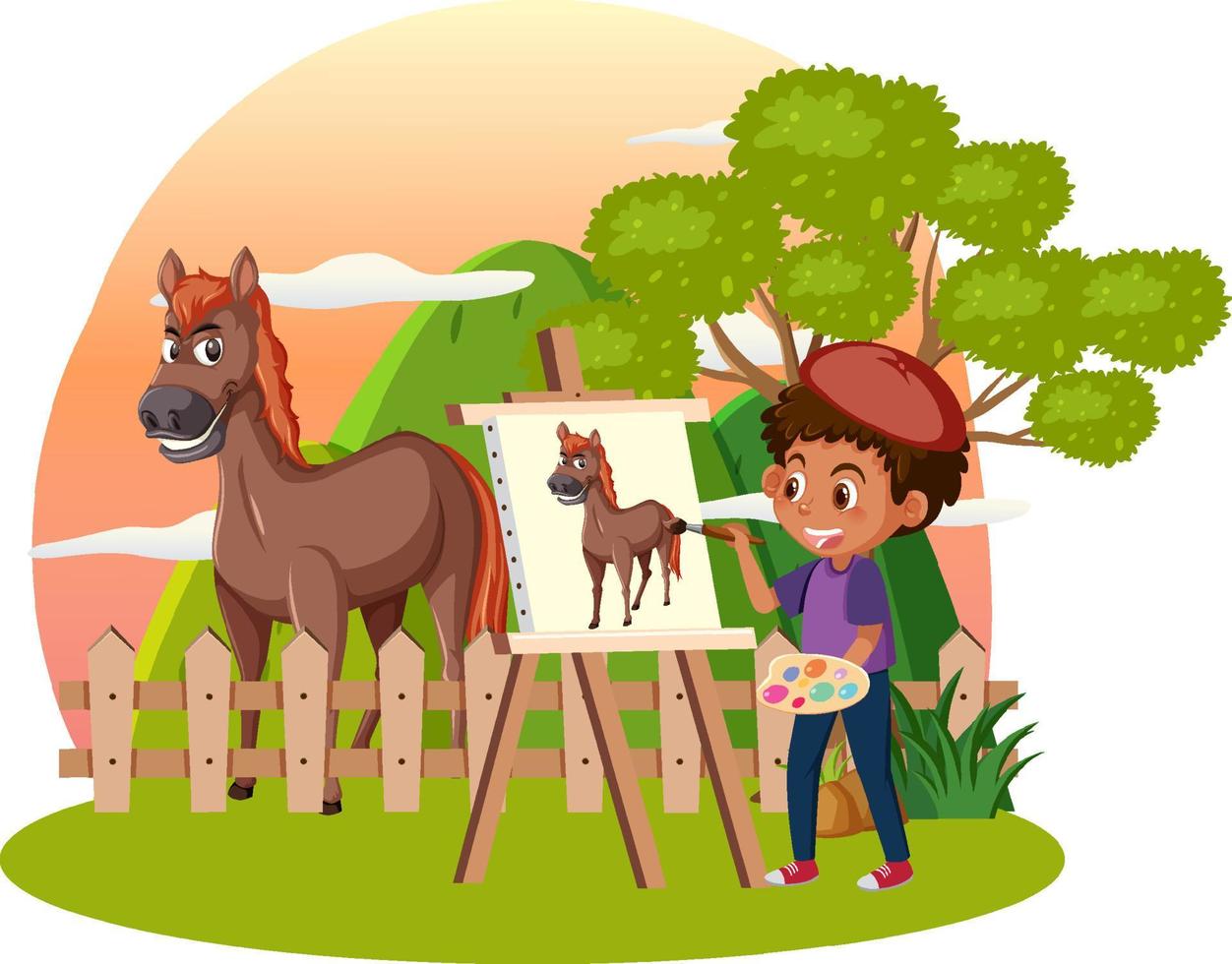 un niño dibujando sobre lienzo con caballo vector