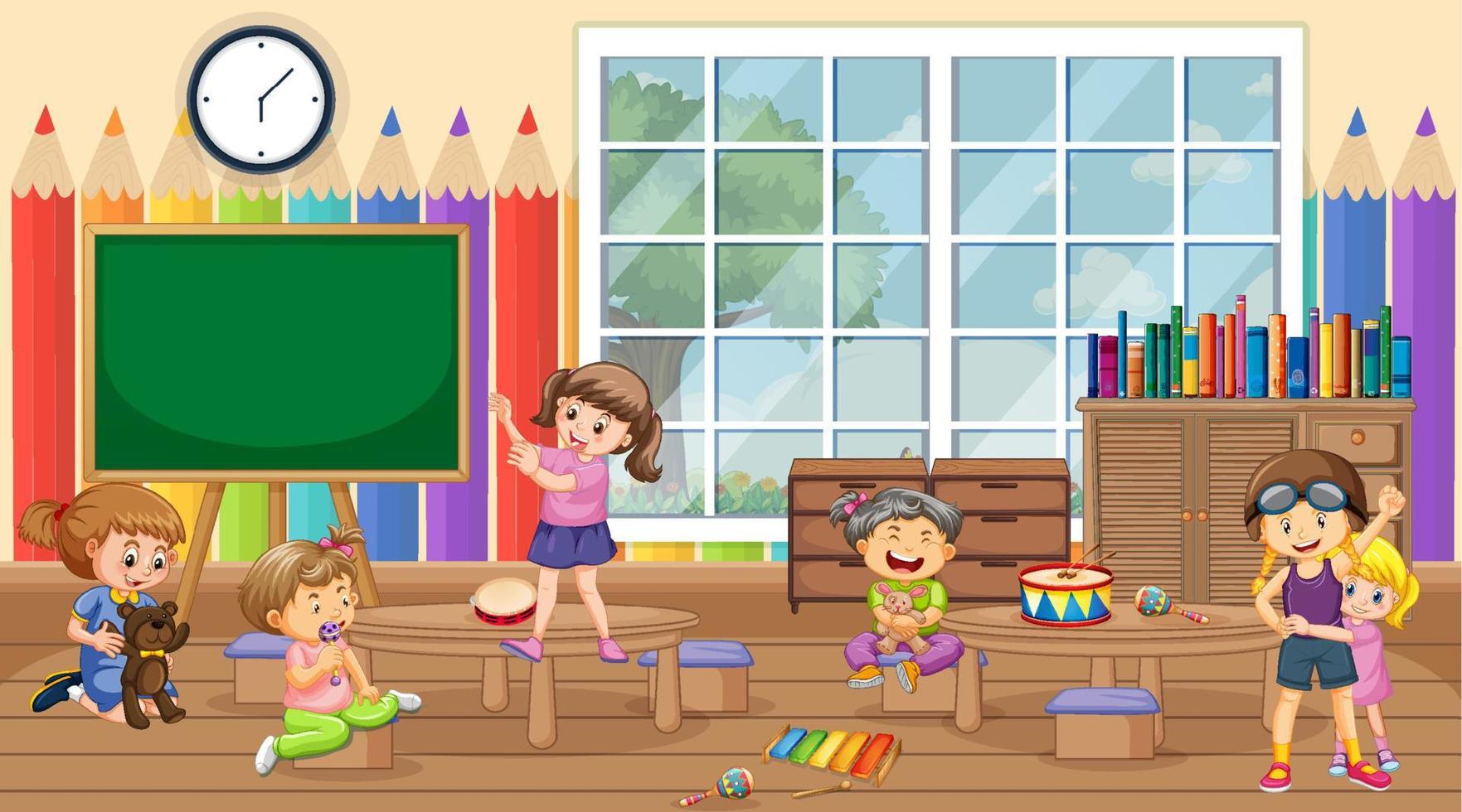 Scene of classroom with many kids playing vector