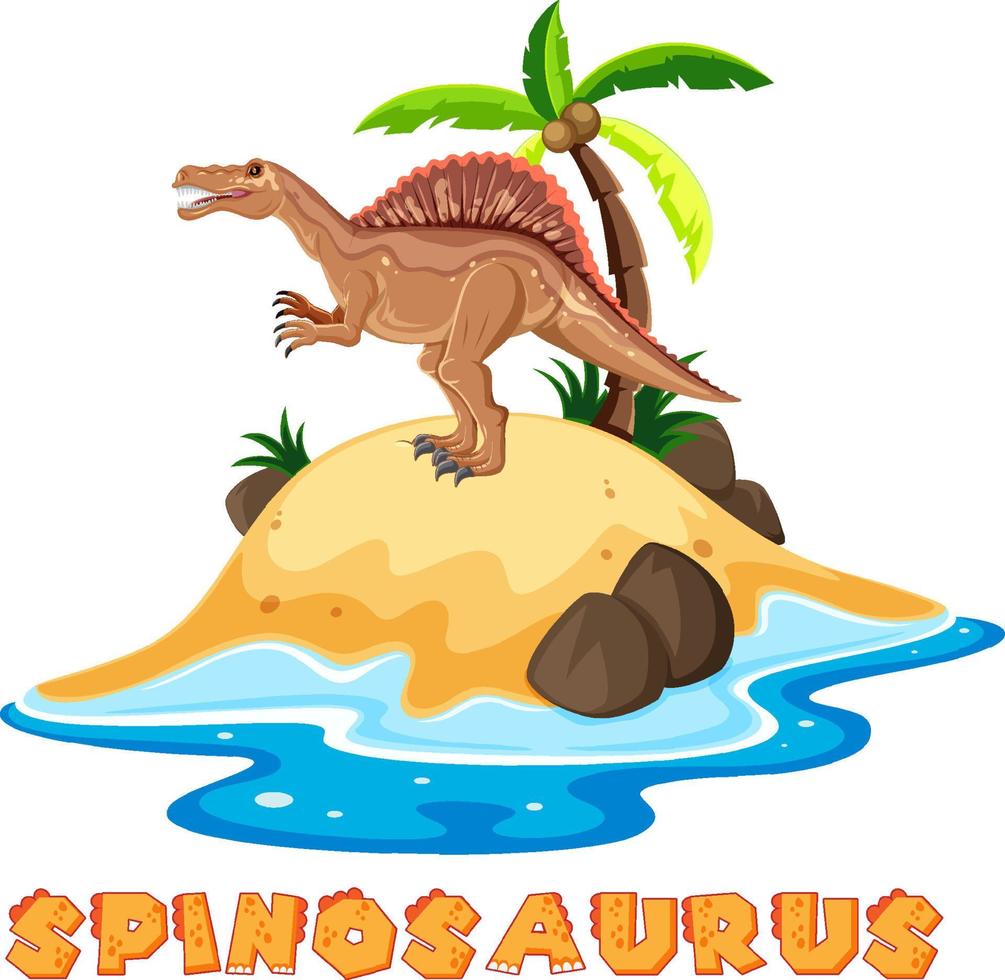 escena con dinosaurios spinosaurus en la isla con diseño de texto vector