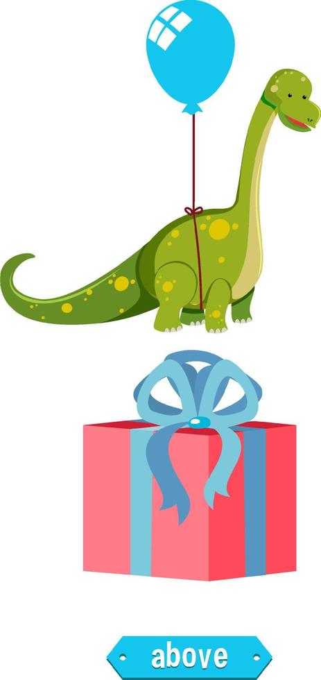 Preposition wordcard with dinosaur above box vector