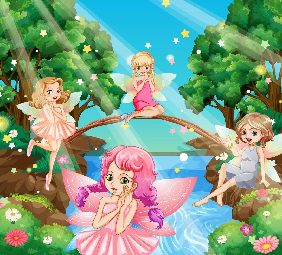 Fantastic forest scene with beautiful fairies vector
