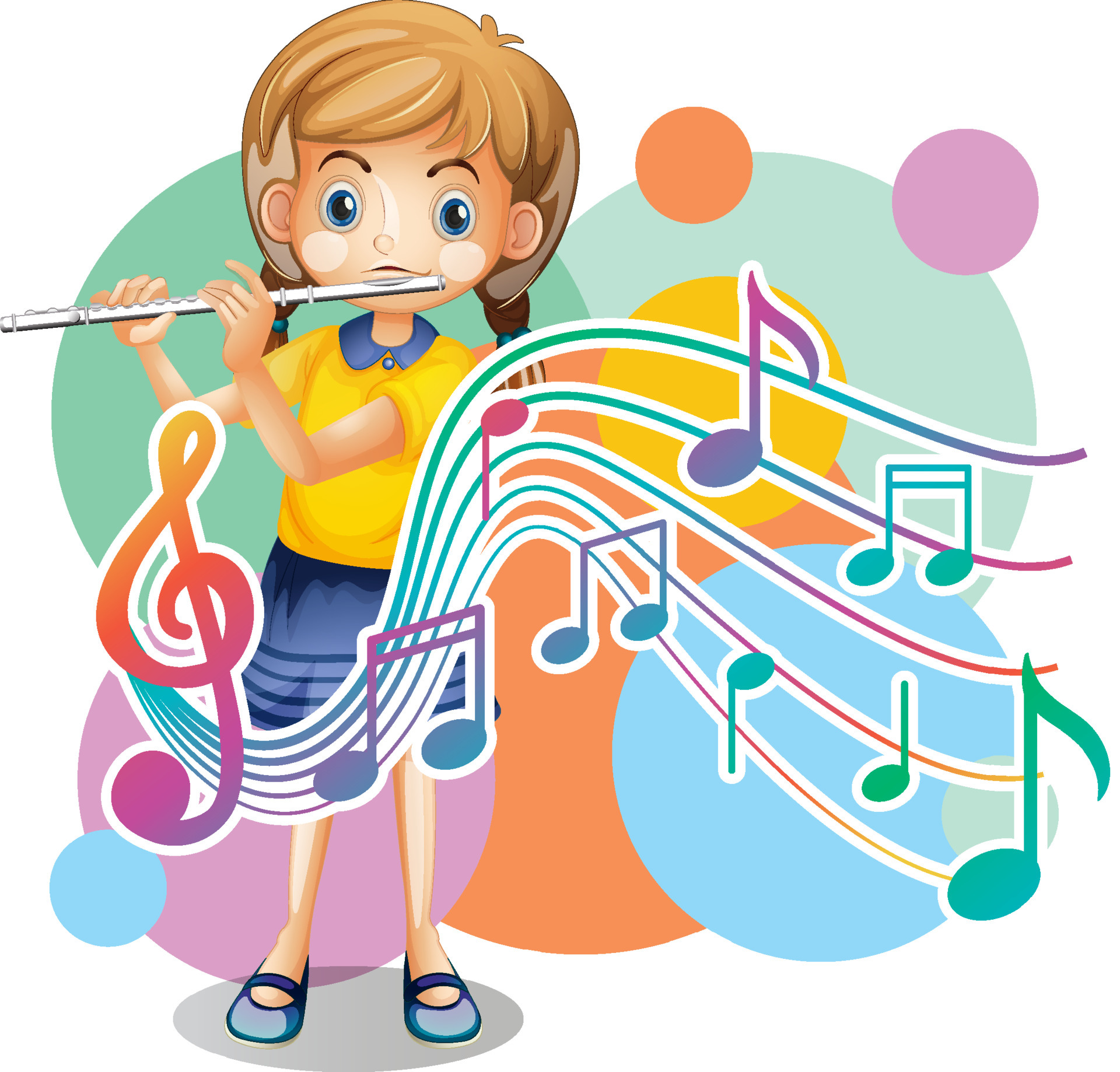 A little girl blowing flute with music notes on white background 6768367  Vector Art at Vecteezy