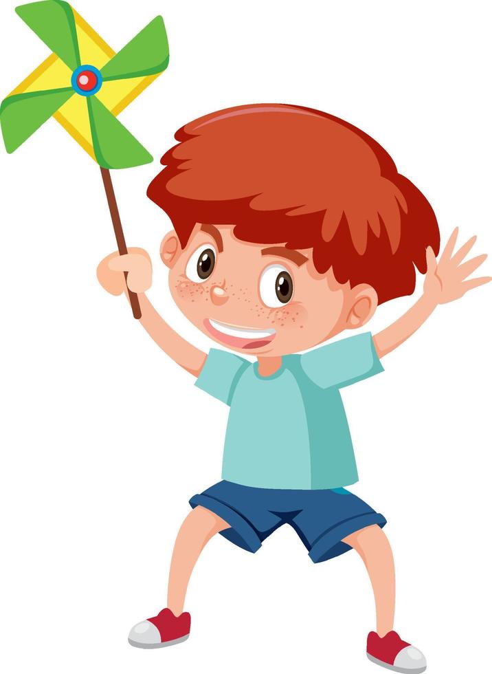 A boy holding paper pinwheel in cartoon style vector