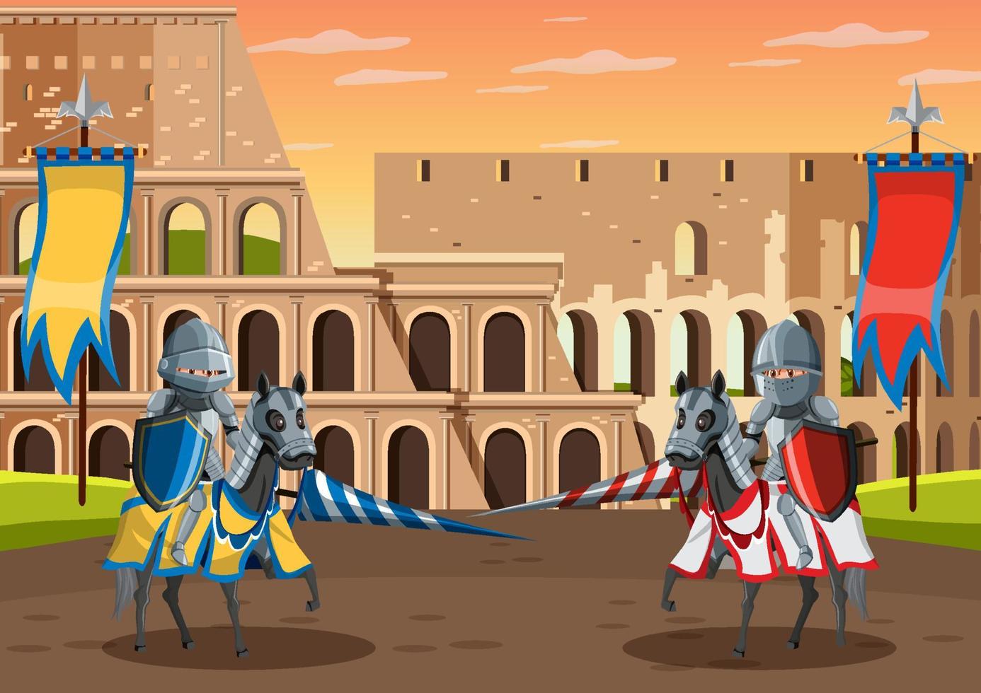 Medieval scene with two knights fighting together vector