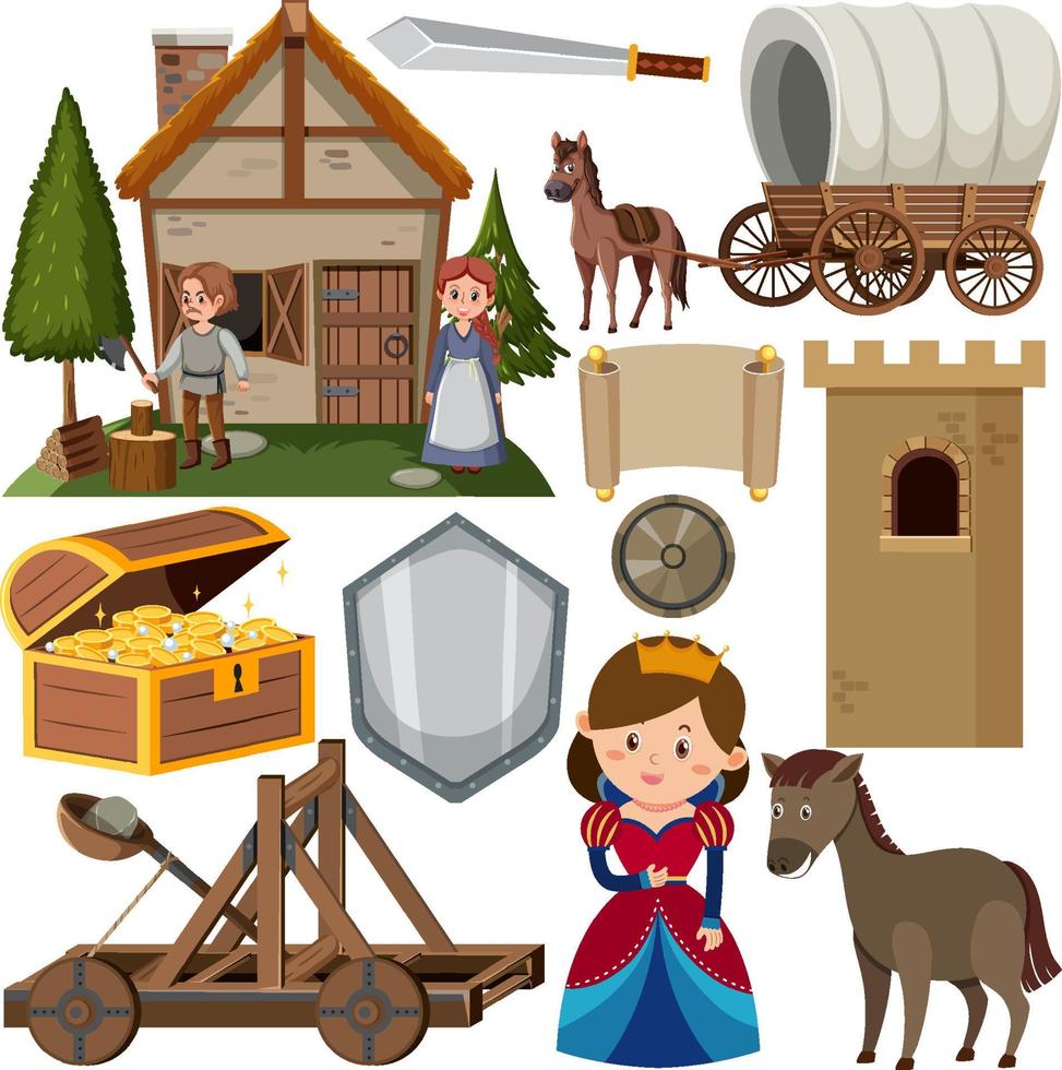 Medieval characters buildings set vector