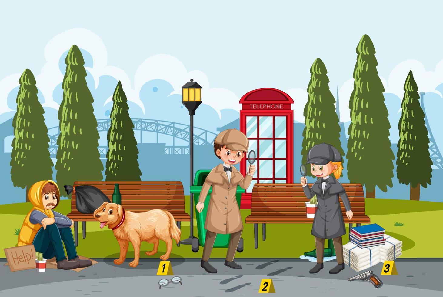 Detective looking for clues with magnifying glass in park background vector