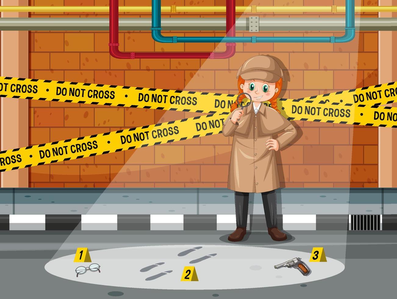 Detective looking for clues with magnifying glass in scene vector