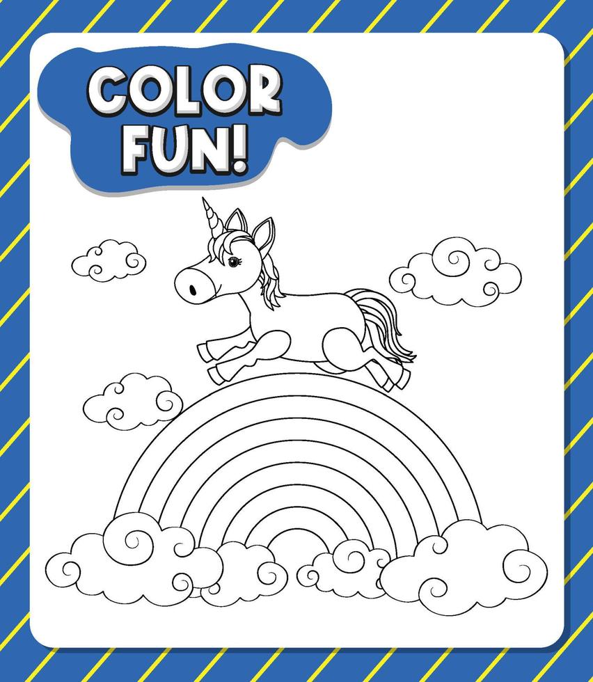 Worksheets template with color time text and Unicorn outline vector