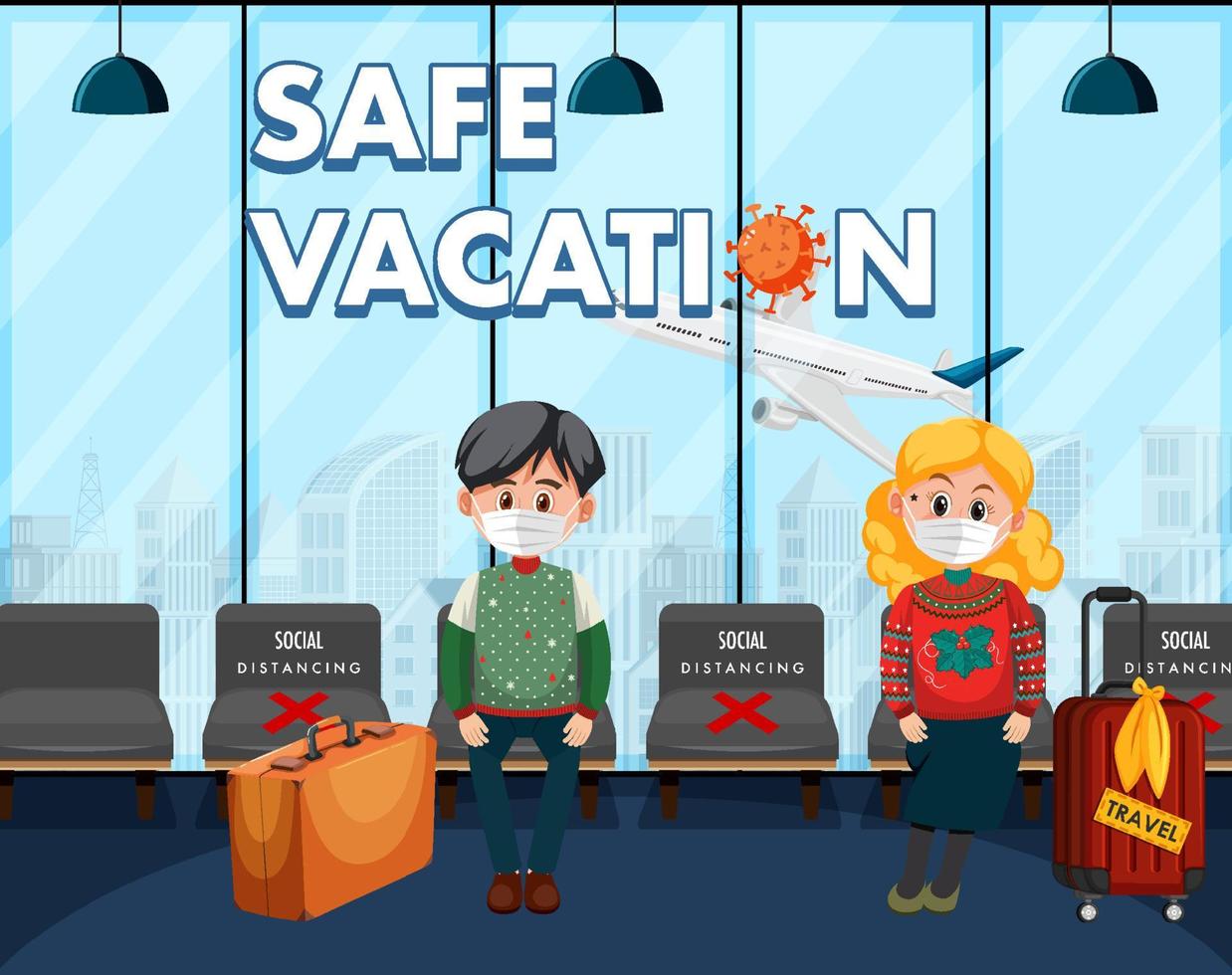In airport terminal scene with passengers wearing mask vector