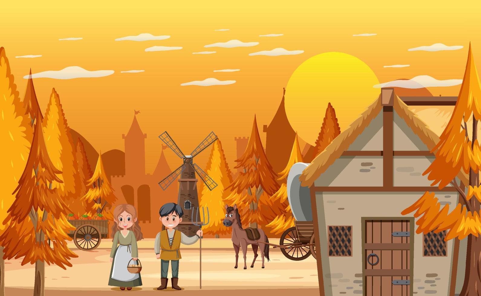 Medieval town scene with villagers vector