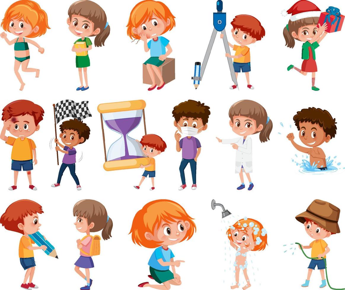 Set of children doing different activities on white background vector