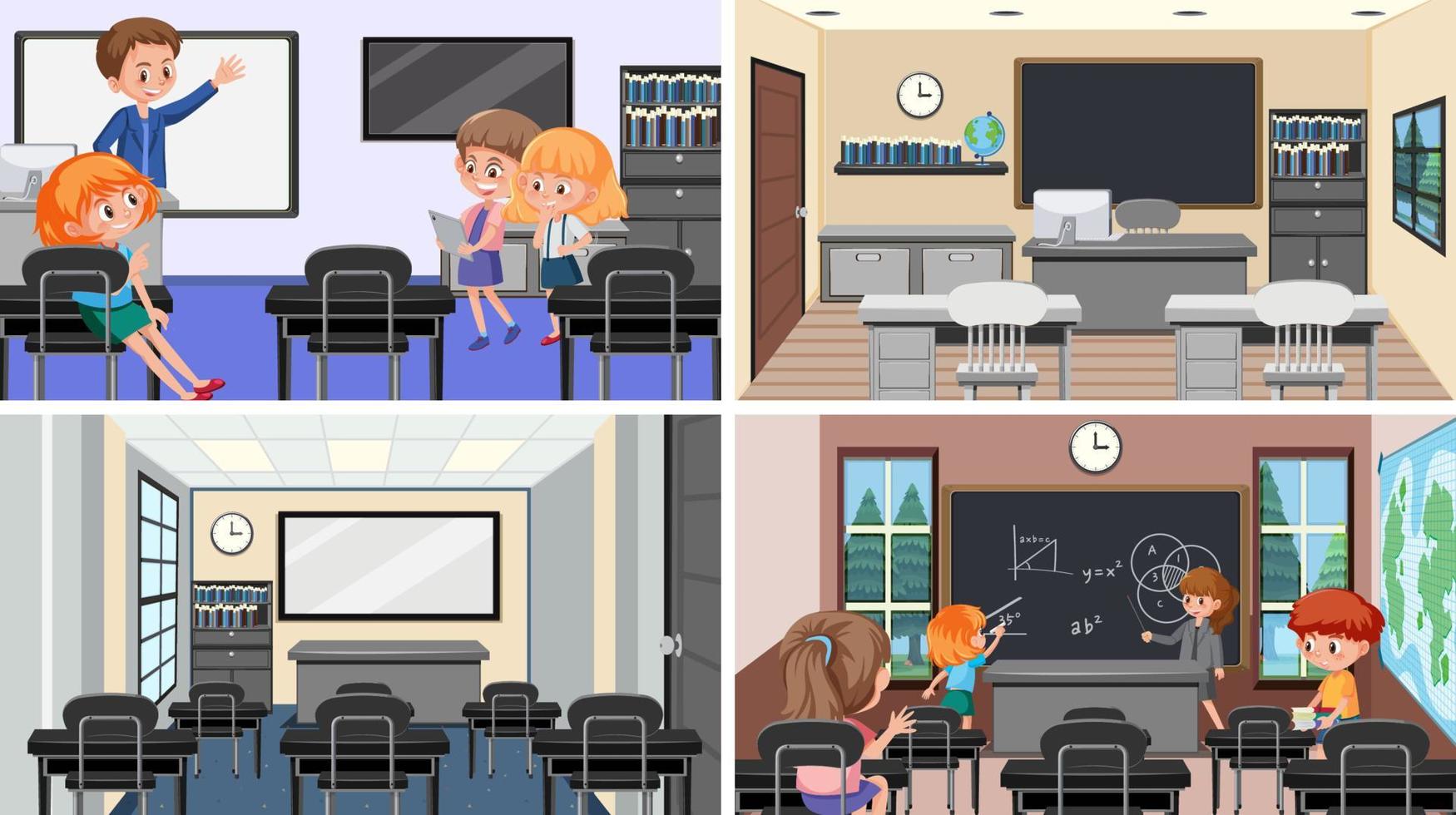 Set of student in the classroom scene vector