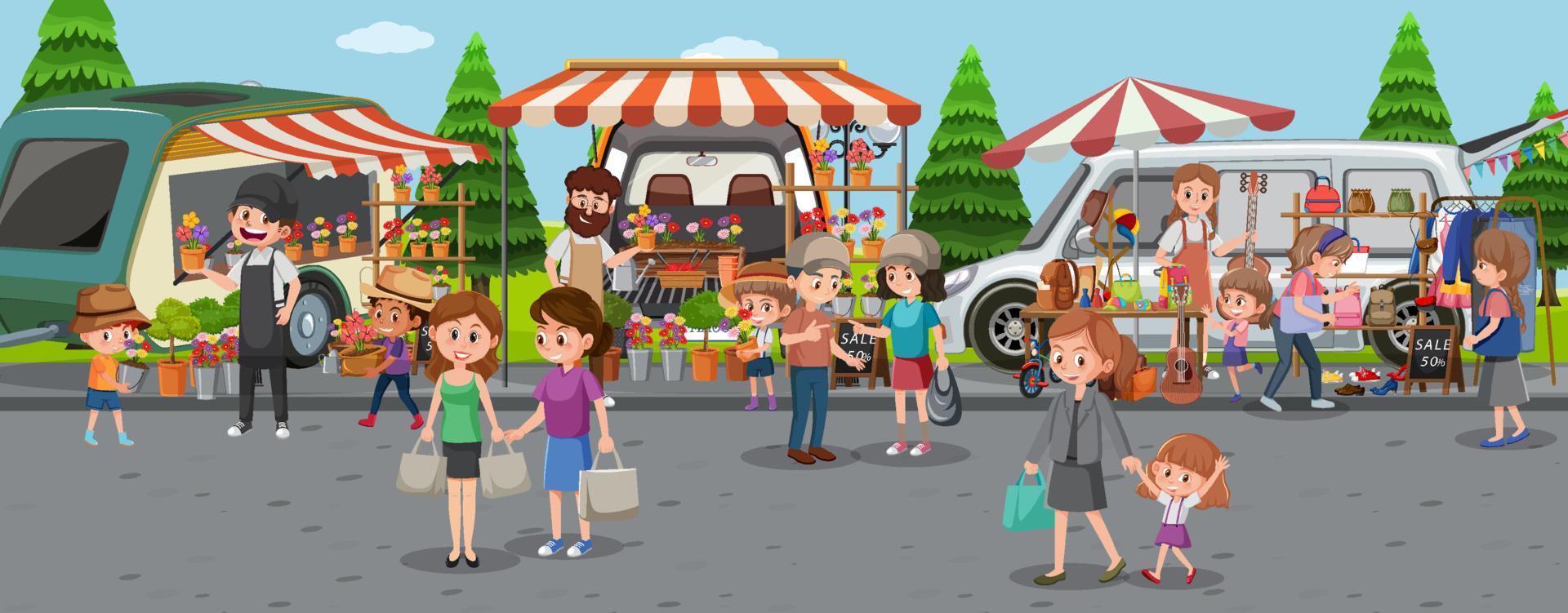Flea market scene in cartoon style vector