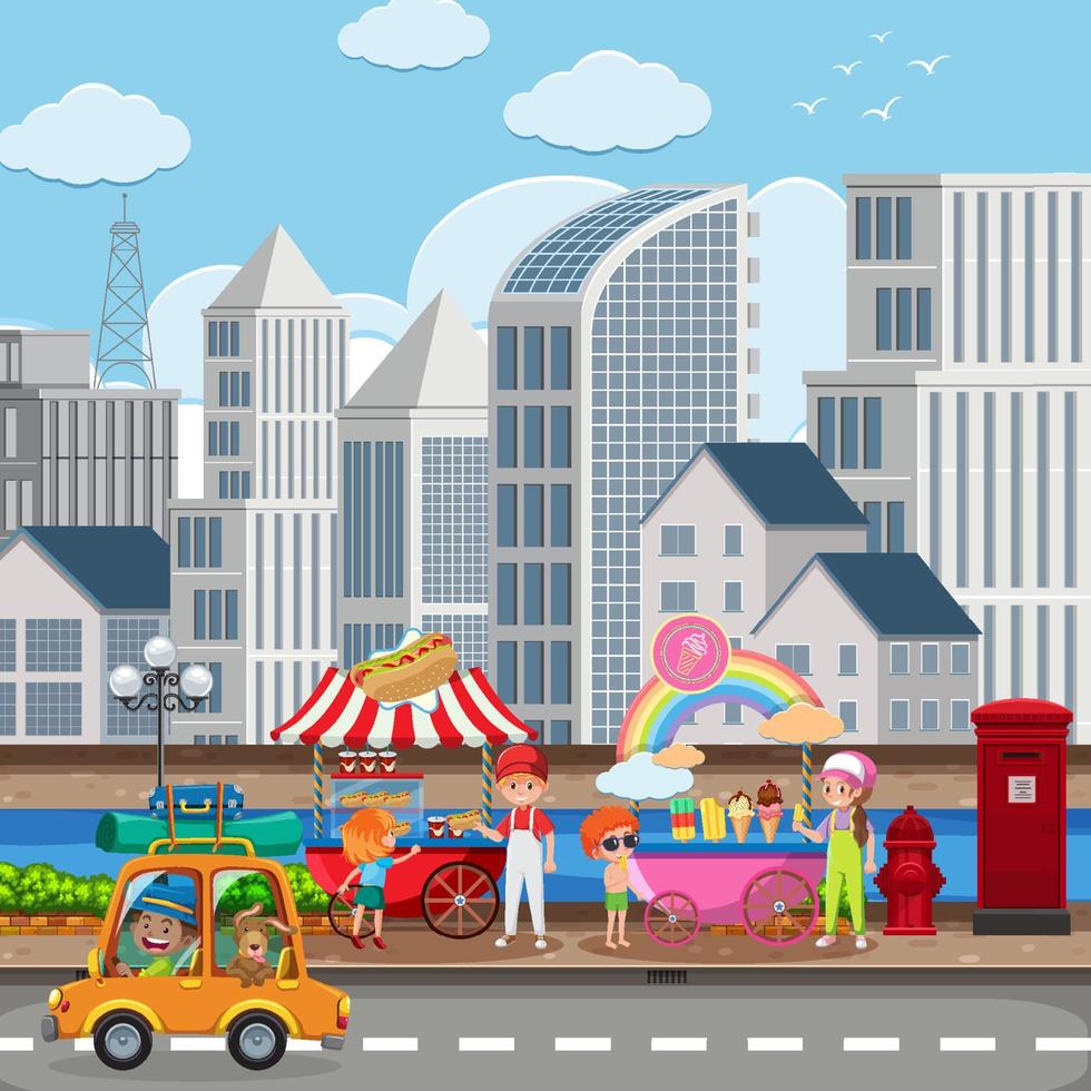 Outdoor scene with street food cart vector