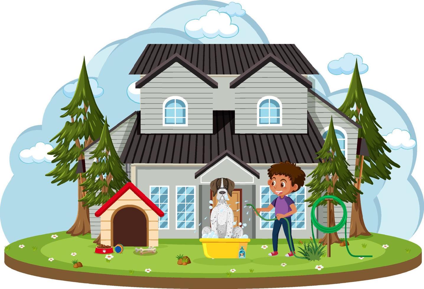 Happy boy washing his dog in front of house cartoon vector