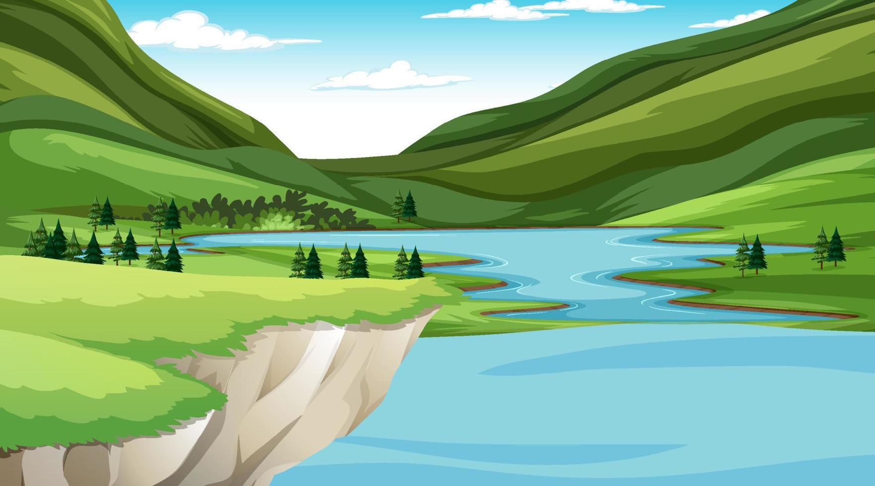 escena de la naturaleza con muchos árboles y lago vector