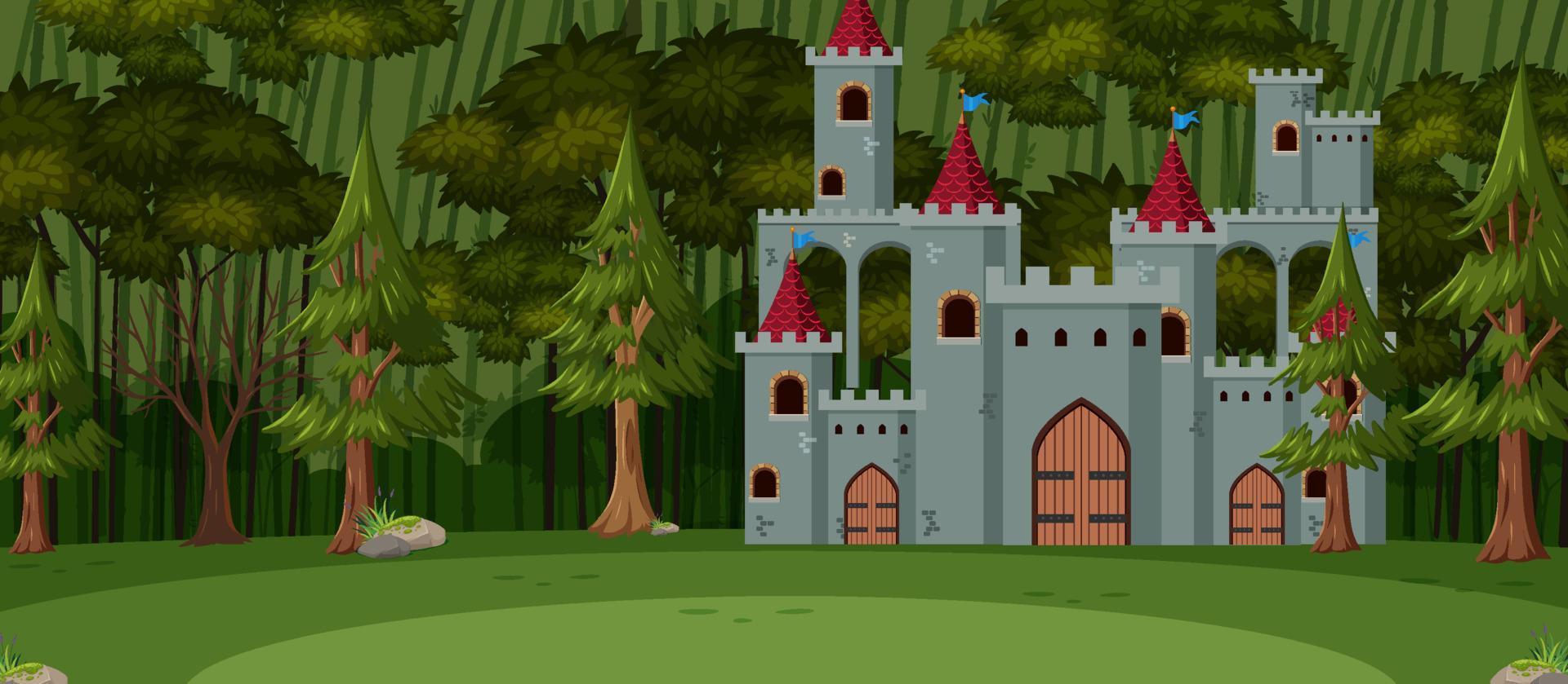 escena del paisaje con ciudad medieval en el bosque vector