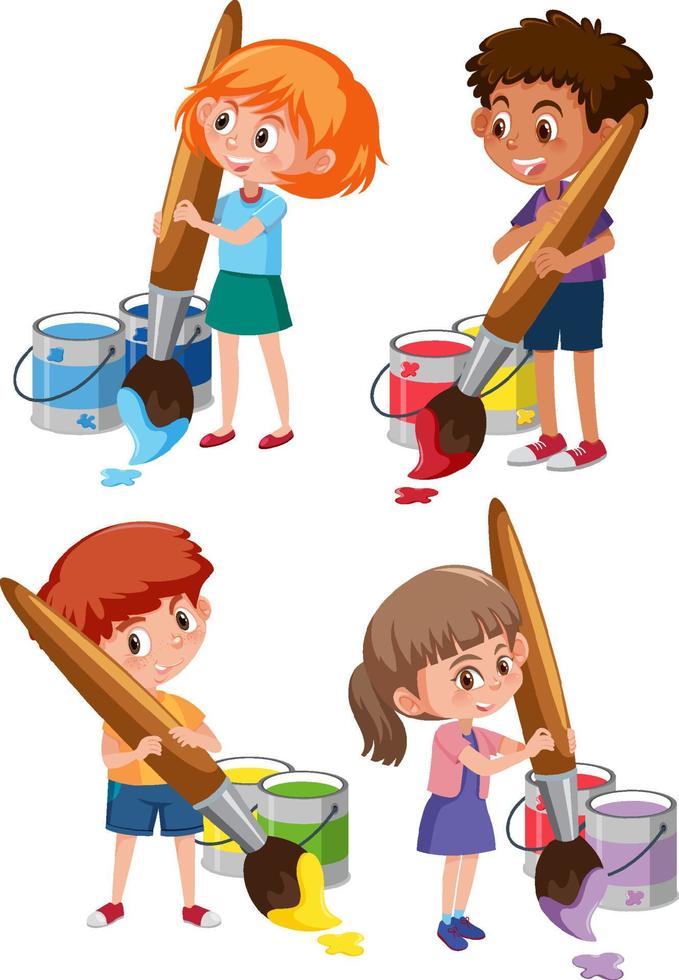 muchos niños con pinceles de color personaje de dibujos animados vector