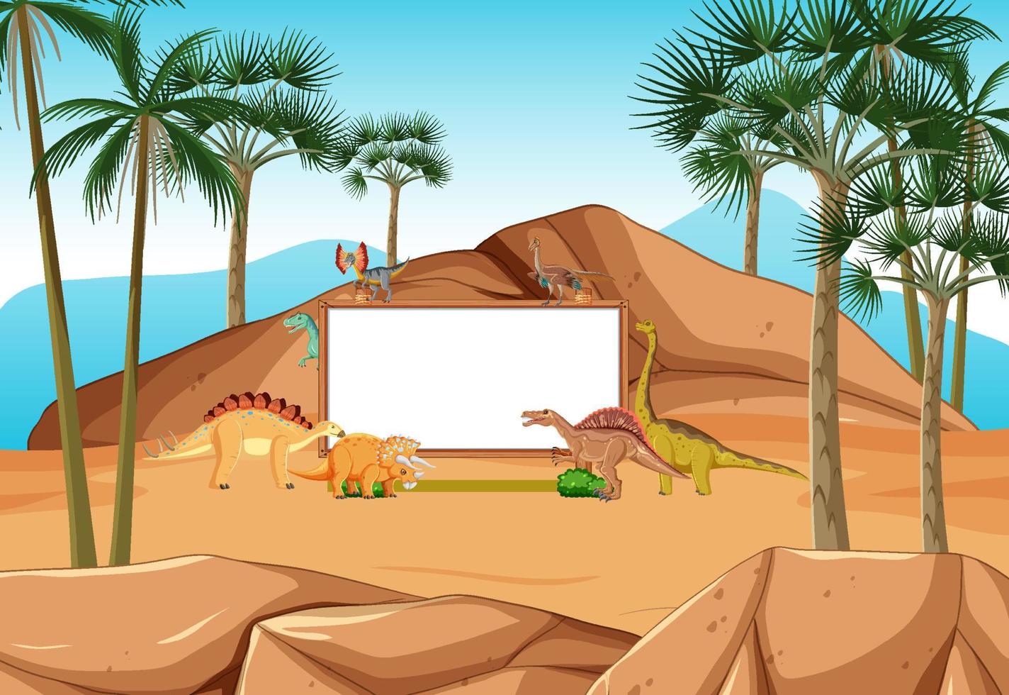 escena con dinosaurios y pizarra en el bosque vector