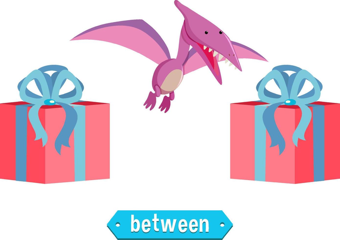 Prepostion wordcard design with dinosaur between boxes vector