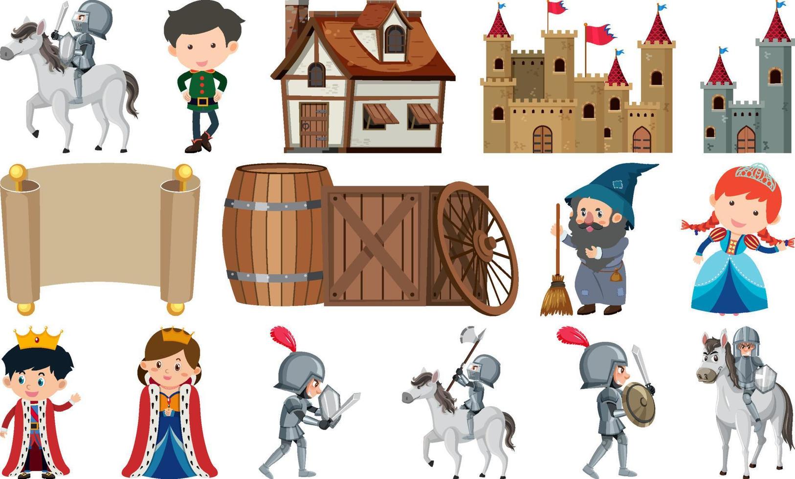 Medieval characters buildings set vector