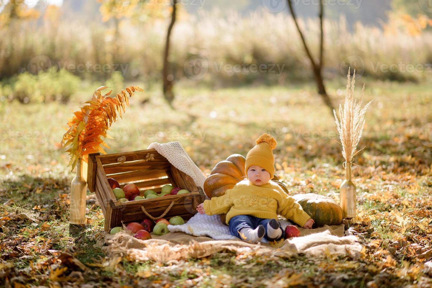 Cute little girl sitting on pumpkin and playing in autumn forest photo